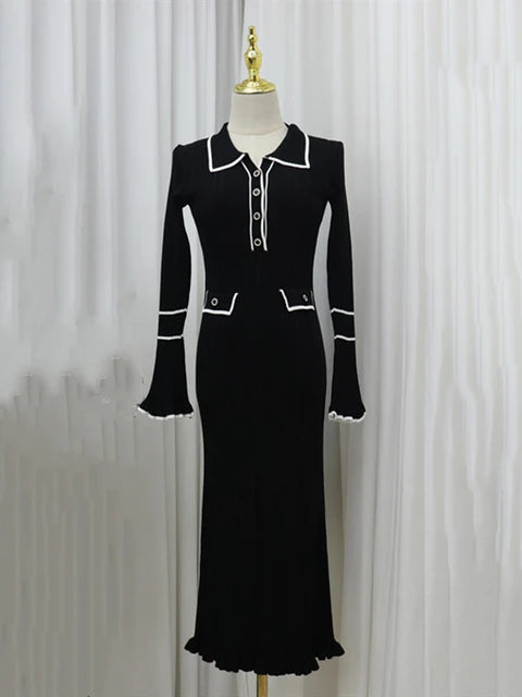 Doll collar X-shaped single breasted solid color long knit