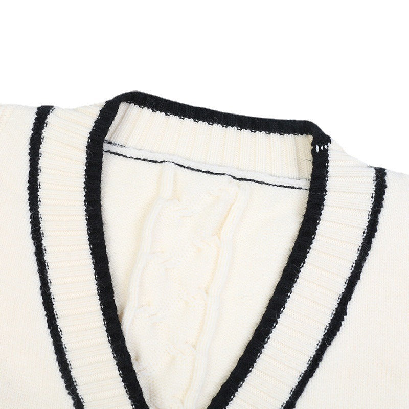 Trui V-hals lange mouwen middellange contrasterende gestreepte strik los gebreide cardigan