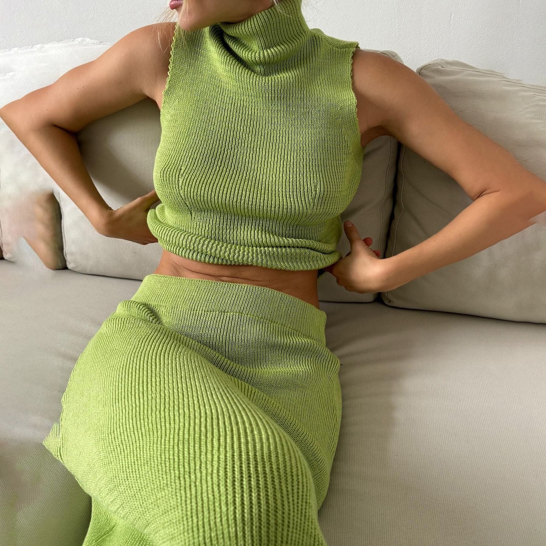 French two-piece set cool and cute knitting high neck vest skirt suit women design feeling summer