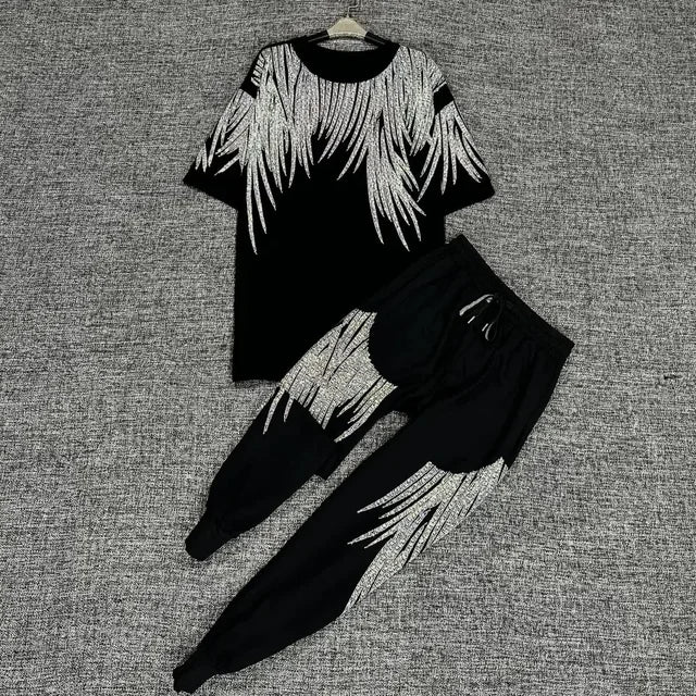 Luxury Women Cotton Blended Diamonds Beaded T-Shirts Rhinestones Tees + Drawstring Beading Pants Drilling Trousers 2pcs Set