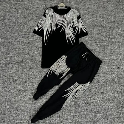 Luxury Women Cotton Blended Diamonds Beaded T-Shirts Rhinestones Tees + Drawstring Beading Pants Drilling Trousers 2pcs Set