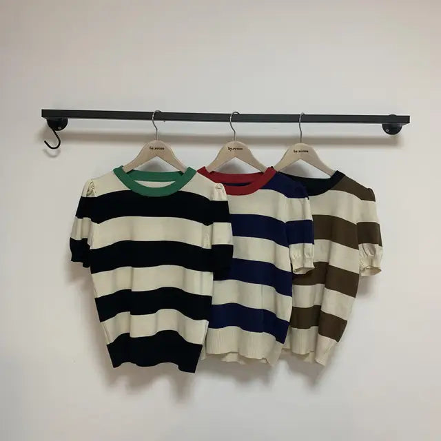 Summer Korean Knitted Striped T Shirts Tops Women Short Sleeve O-neck Casual Fashion Female Tees Pullovers T-shirts