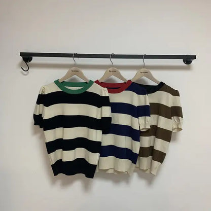 Summer Korean Knitted Striped T Shirts Tops Women Short Sleeve O-neck Casual Fashion Female Tees Pullovers T-shirts