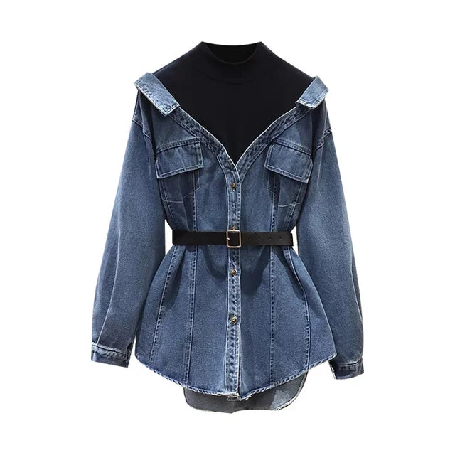 Fashion Women's Fake 2 Pcs Denim Coat Belt Lapel Patchwoek Contrast Color Pockets Slim Jackets Autumn