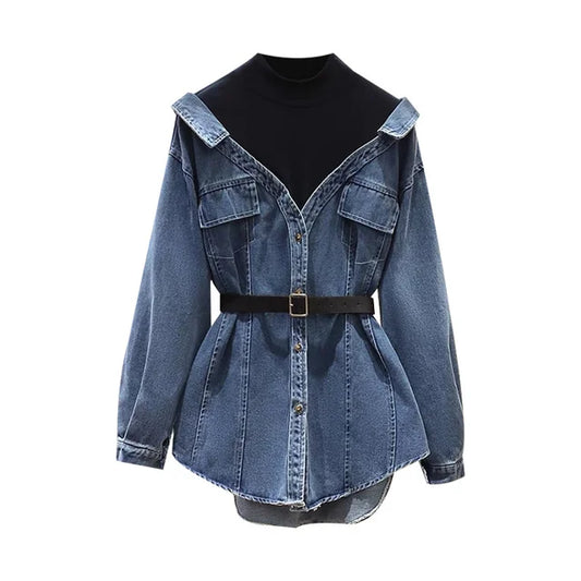 Fashion Women's Fake 2 Pcs Denim Coat Belt Lapel Patchwoek Contrast Color Pockets Slim Jackets Autumn