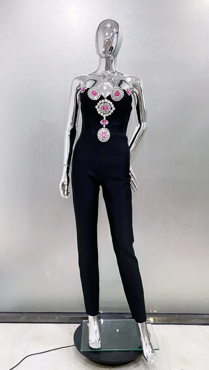 Fashion Celebrate Evening Party Wear Women Sexy Strapless Shinning Crystal Bodycon Bandage Jumpsuit Birthday Cocktail Wear