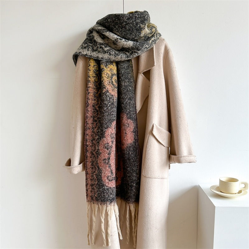 Retro Cashew Scarf Women's Imitation Cashmere Thick Neck Tassel Extended Shawl