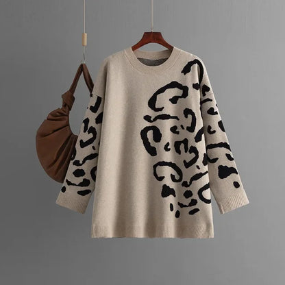 Knitted Jacquard Leopard Patchwork Sweater O-Neck Pullover Long Sleeve Mid-Length Knitwear Autumn/Winter Woman Clothing