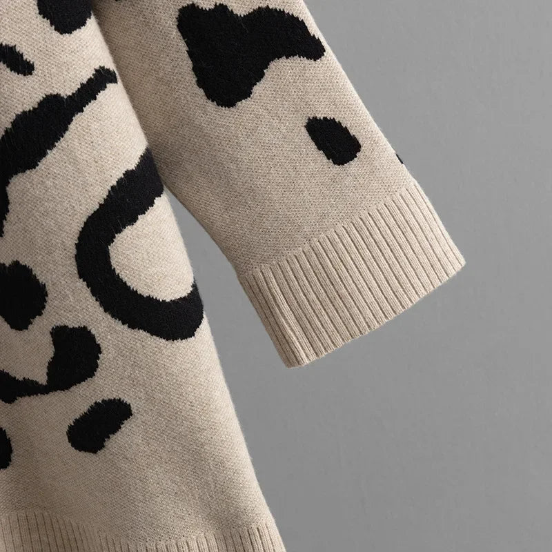 Knitted Jacquard Leopard Patchwork Sweater O-Neck Pullover Long Sleeve Mid-Length Knitwear Autumn/Winter Woman Clothing