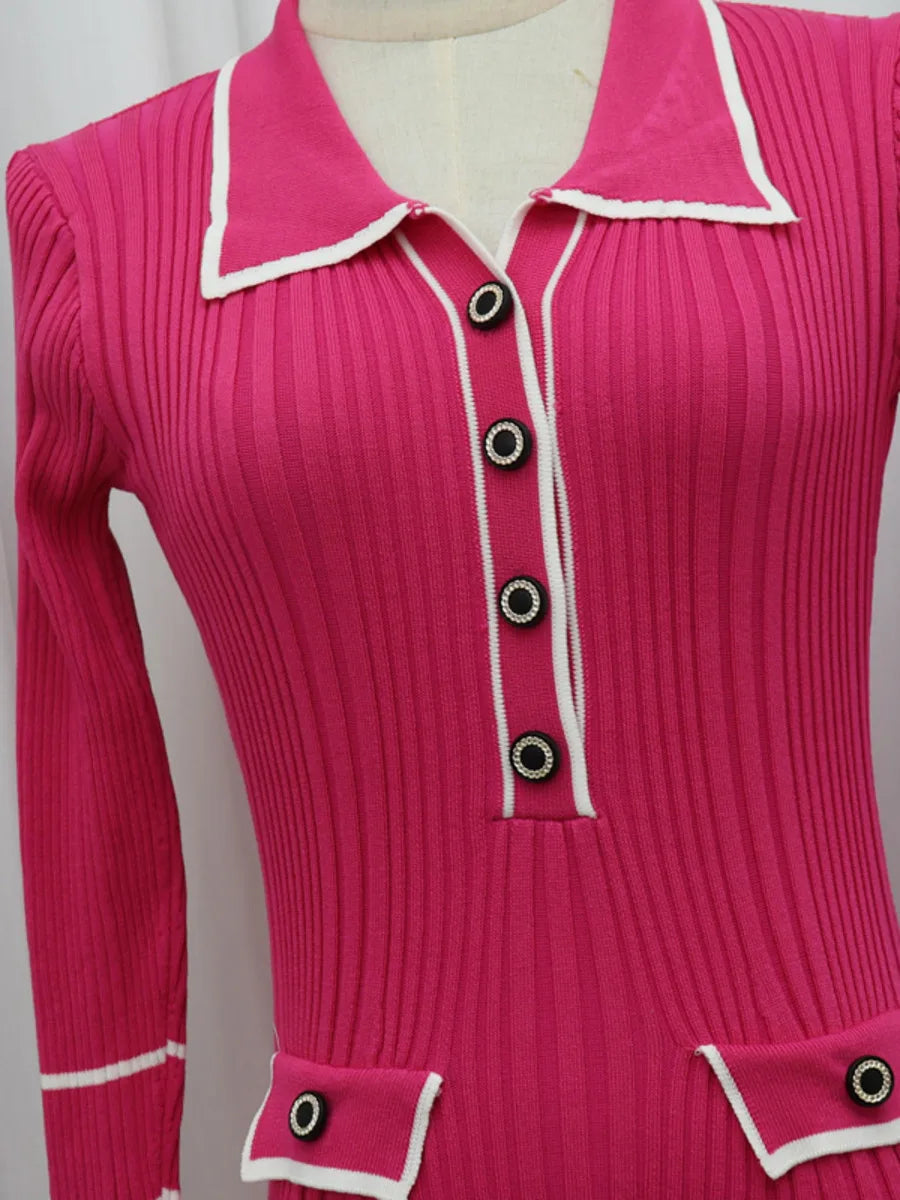 Doll collar X-shaped single breasted solid color long knit