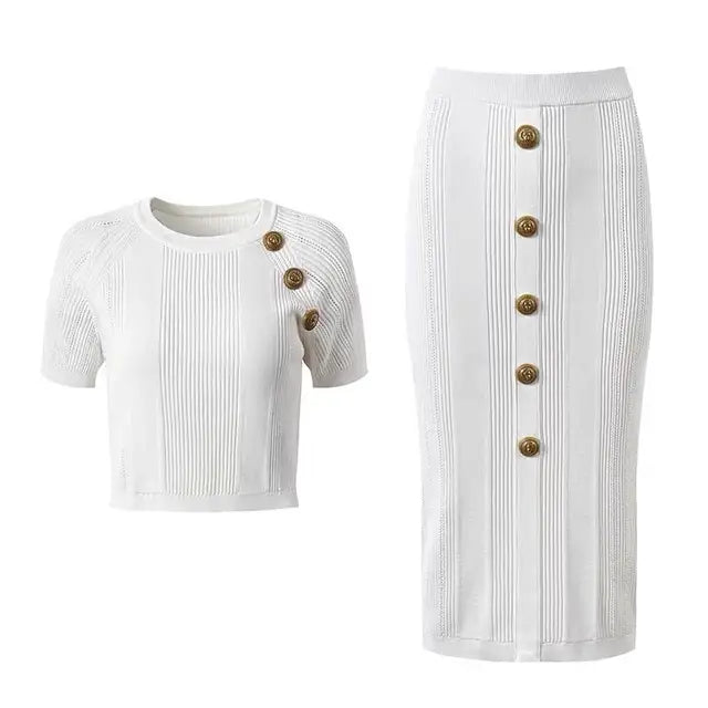 Vintage Slim Knit 2 Pcs Skirt Sets Women 2024 Summer Gold Buttons Short Sleeve Sweater + Pencil Long Skirt Outfits Matching Set