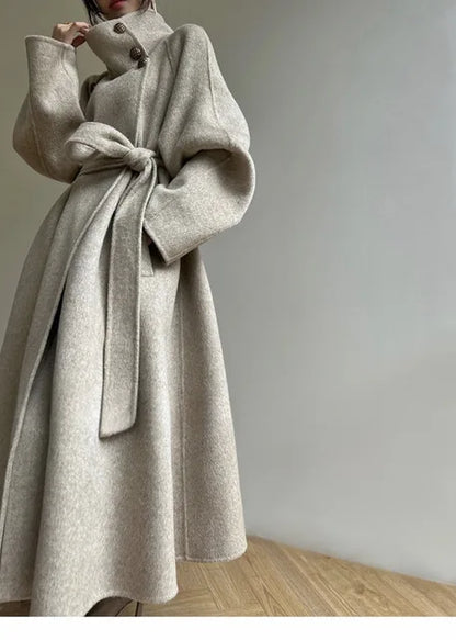 Stand collar double-sided wool coat women's long lace up cashmere coat