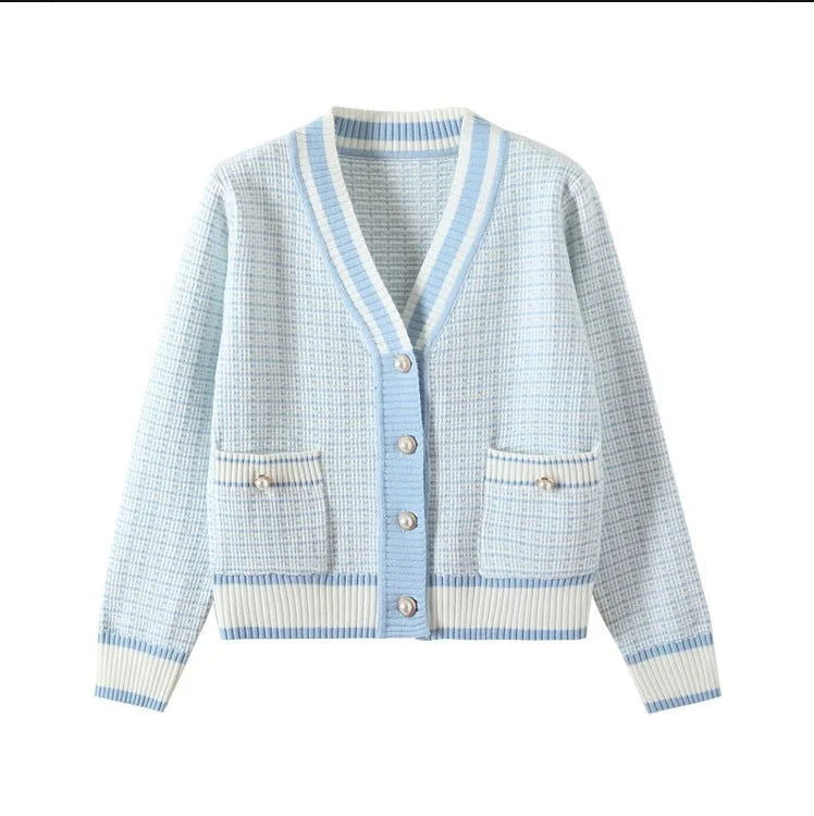 2024 Korean Fashion Plaid Short Cardigan Women's V Neck Knitted Sweater Coat Female Autumn Winter Casual Vintag Knitwear - CHRISTDEST GLOBAL SERVICE