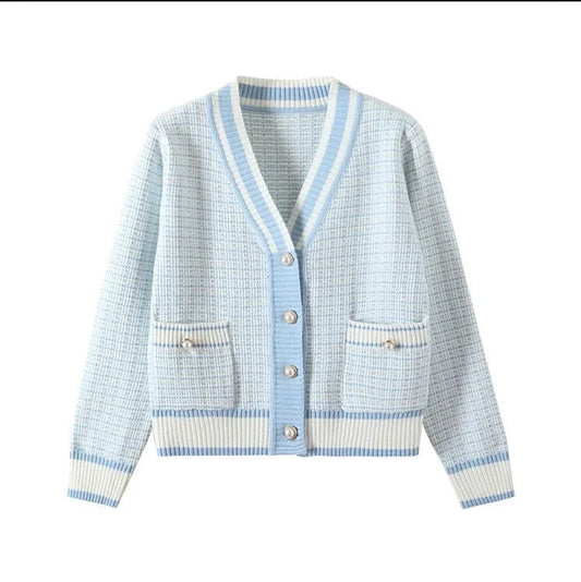 2024 Korean Fashion Plaid Short Cardigan Women's V Neck Knitted Sweater Coat Female Autumn Winter Casual Vintag Knitwear - CHRISTDEST GLOBAL SERVICE