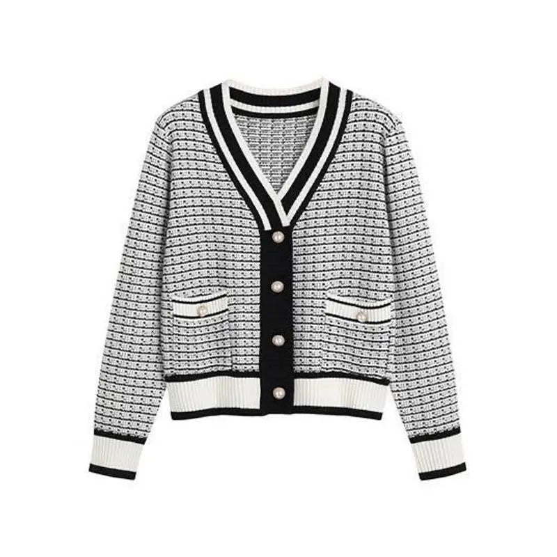 2024 Korean Fashion Plaid Short Cardigan Women's V Neck Knitted Sweater Coat Female Autumn Winter Casual Vintag Knitwear - CHRISTDEST GLOBAL SERVICE