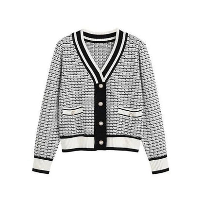 2024 Korean Fashion Plaid Short Cardigan Women's V Neck Knitted Sweater Coat Female Autumn Winter Casual Vintag Knitwear - CHRISTDEST GLOBAL SERVICE