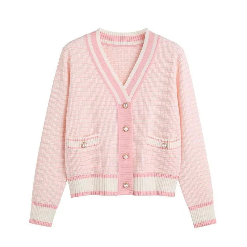 2024 Korean Fashion Plaid Short Cardigan Women's V Neck Knitted Sweater Coat Female Autumn Winter Casual Vintag Knitwear - CHRISTDEST GLOBAL SERVICE