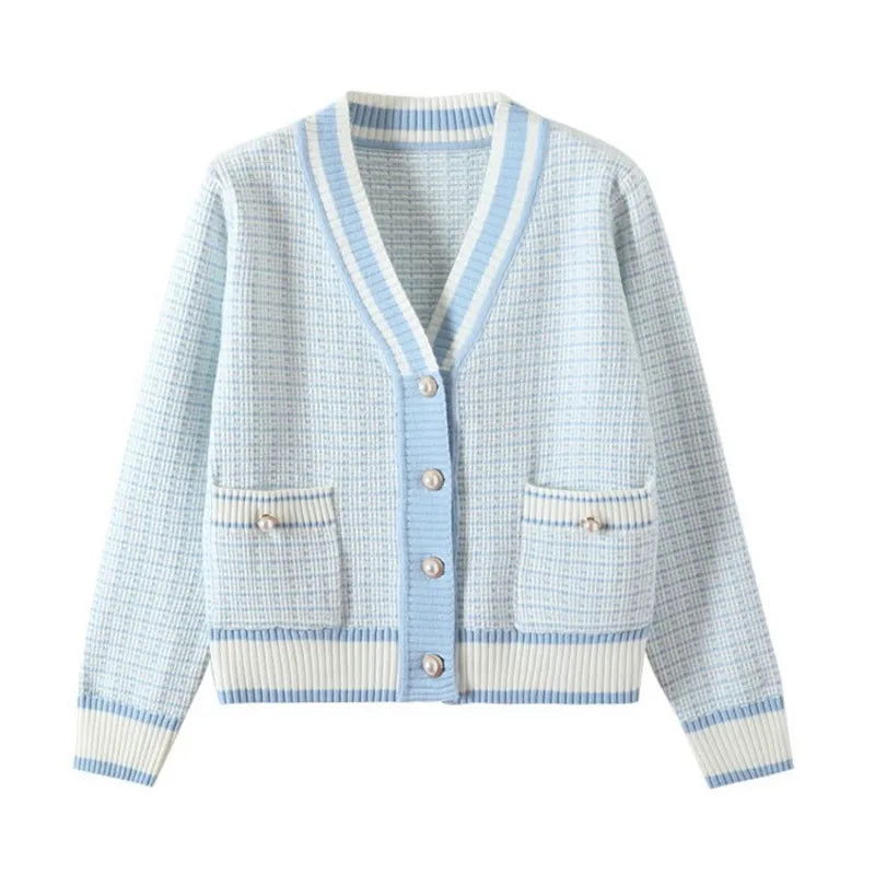 2024 Korean Fashion Plaid Short Cardigan Women's V Neck Knitted Sweater Coat Female Autumn Winter Casual Vintag Knitwear - CHRISTDEST GLOBAL SERVICE