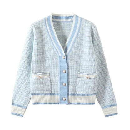 2024 Korean Fashion Plaid Short Cardigan Women's V Neck Knitted Sweater Coat Female Autumn Winter Casual Vintag Knitwear - CHRISTDEST GLOBAL SERVICE