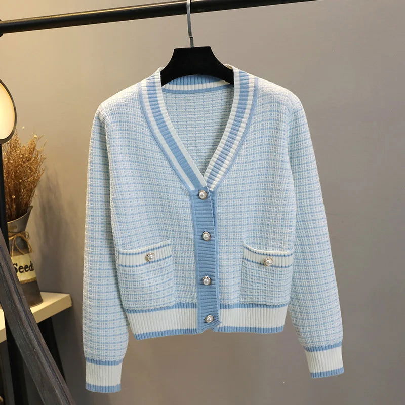 2024 Korean Fashion Plaid Short Cardigan Women's V Neck Knitted Sweater Coat Female Autumn Winter Casual Vintag Knitwear - CHRISTDEST GLOBAL SERVICE