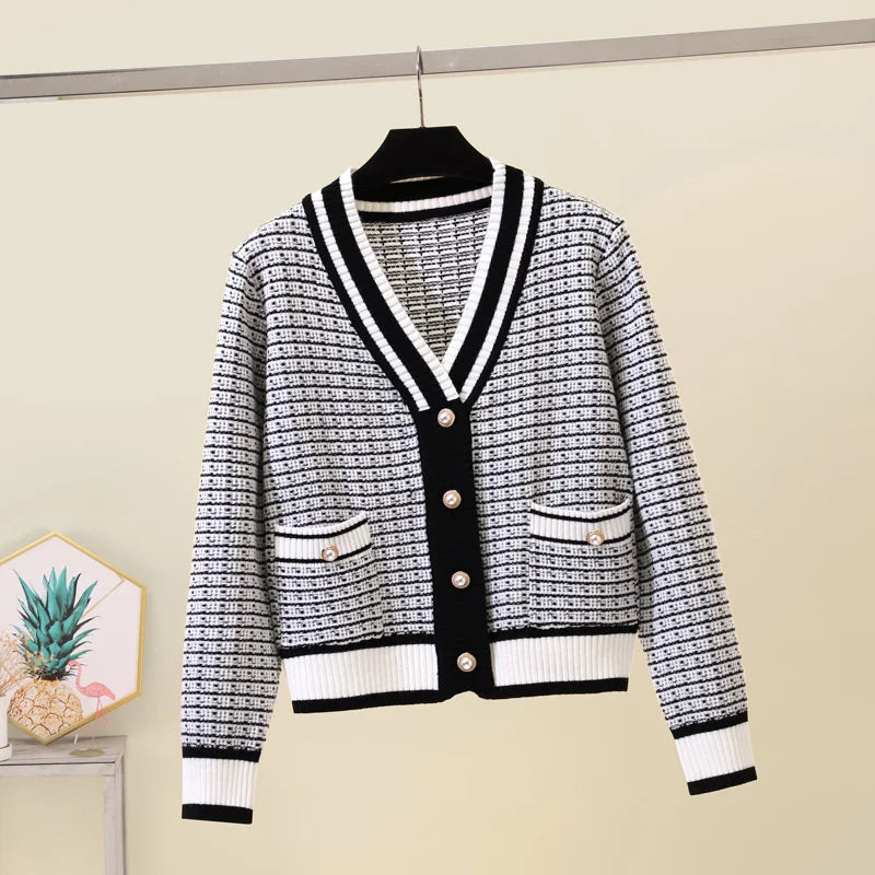 2024 Korean Fashion Plaid Short Cardigan Women's V Neck Knitted Sweater Coat Female Autumn Winter Casual Vintag Knitwear - CHRISTDEST GLOBAL SERVICE