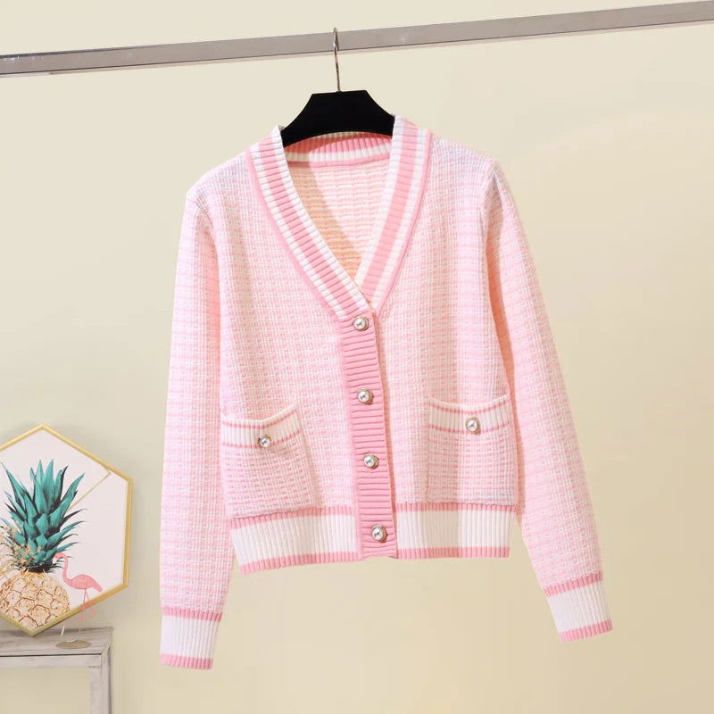 2024 Korean Fashion Plaid Short Cardigan Women's V Neck Knitted Sweater Coat Female Autumn Winter Casual Vintag Knitwear - CHRISTDEST GLOBAL SERVICE