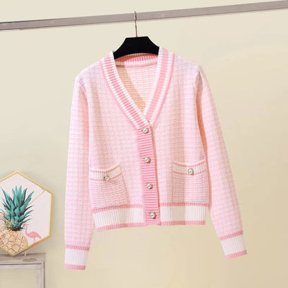 2024 Korean Fashion Plaid Short Cardigan Women's V Neck Knitted Sweater Coat Female Autumn Winter Casual Vintag Knitwear - CHRISTDEST GLOBAL SERVICE