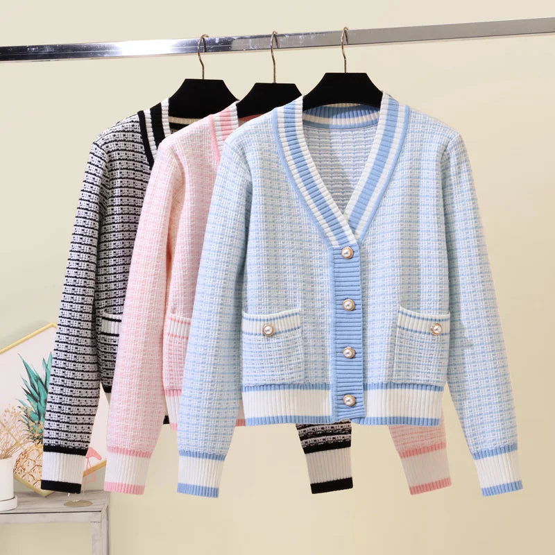 2024 Korean Fashion Plaid Short Cardigan Women's V Neck Knitted Sweater Coat Female Autumn Winter Casual Vintag Knitwear - CHRISTDEST GLOBAL SERVICE