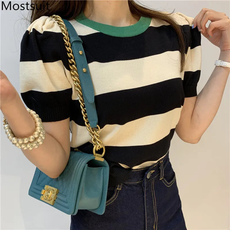 Summer Korean Knitted Striped T Shirts Tops Women Short Sleeve O-neck Casual Fashion Female Tees Pullovers T-shirts