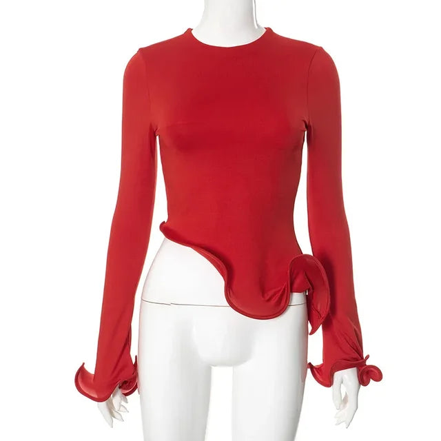 Chic Red Knitted Ruffle Women Pullover  Irregular Long Flare sleeve O Neck Female Top  Autumn Fashion Lady Party Sweater