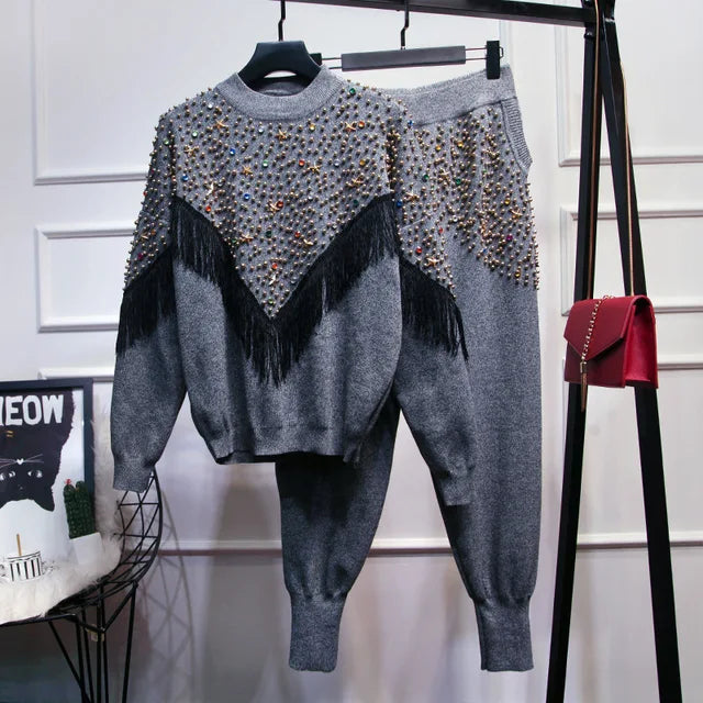 Luxury Rhinestones Knit T-Shirts Pearls Beaded Sweater Pullovers Fringed Knitwear Tees Jumpers Tops + Wide Legs Pants 2pcs Set