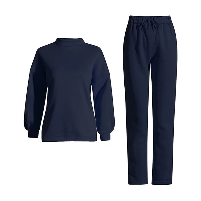 VGH Solid Two Piece Sets For Women Stand Collar Long Sleeve Tops High Waist Spliced Drawstring Pants Casual Set Female Style New