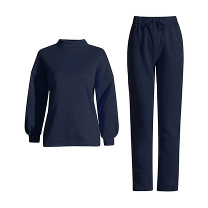 VGH Solid Two Piece Sets For Women Stand Collar Long Sleeve Tops High Waist Spliced Drawstring Pants Casual Set Female Style New