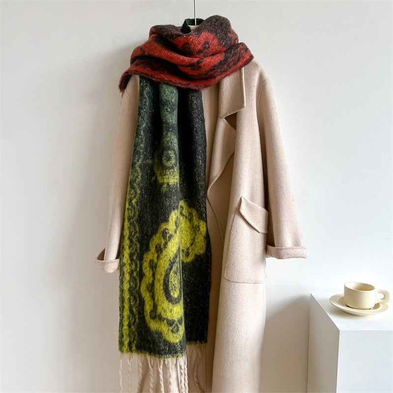 Retro Cashew Scarf Women's Imitation Cashmere Thick Neck Tassel Extended Shawl