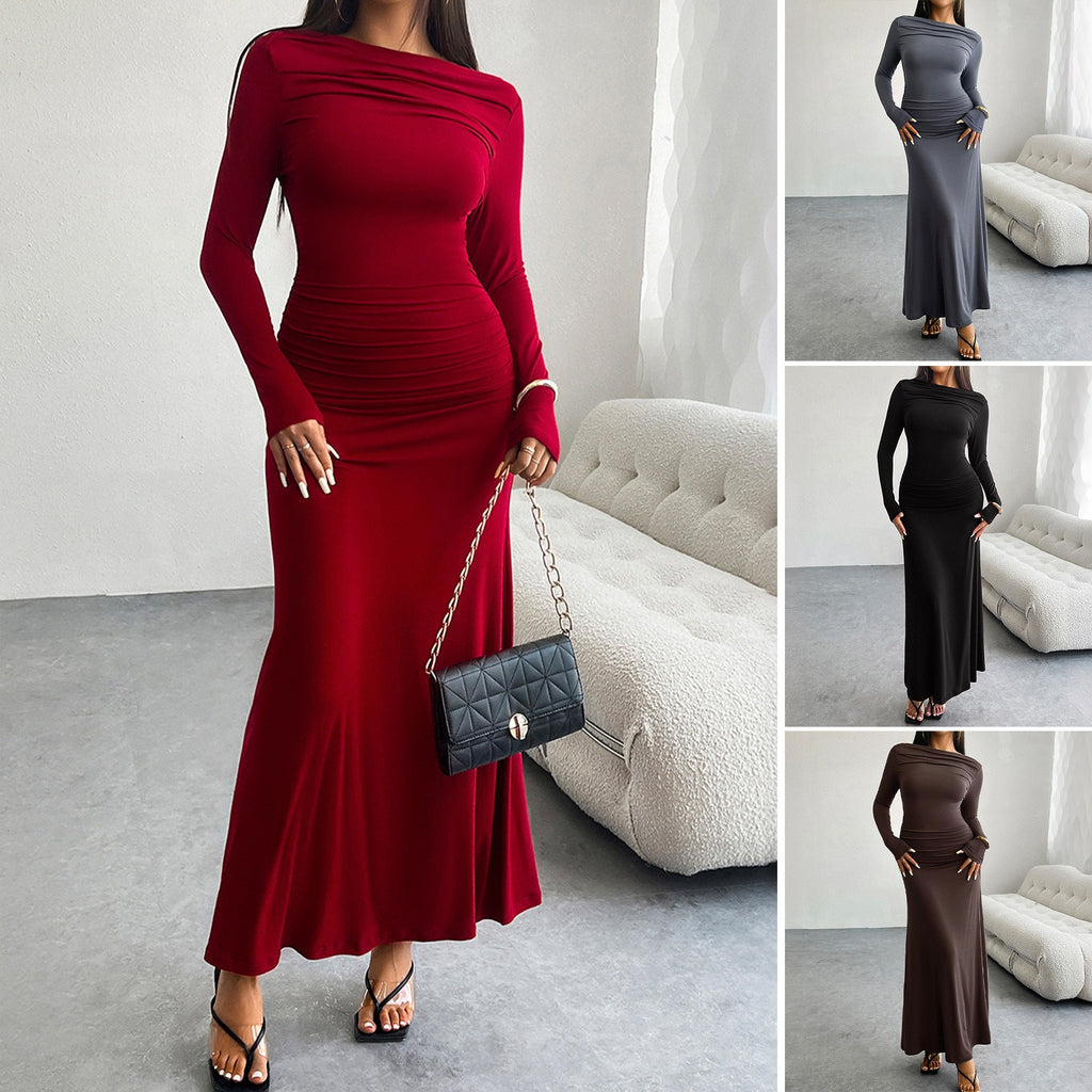 Herfst- en winterkleding voor Europese en Amerikaanse dames, temperamentvolle effen kleur, nauwsluitende jurk met één hals