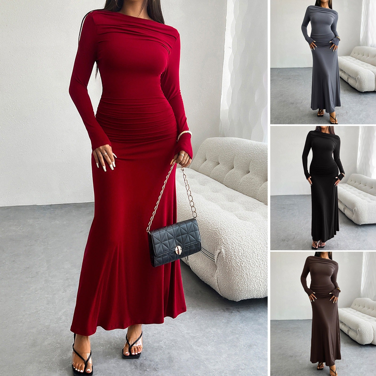 Herfst- en winterkleding voor Europese en Amerikaanse dames, temperamentvolle effen kleur, nauwsluitende jurk met één hals