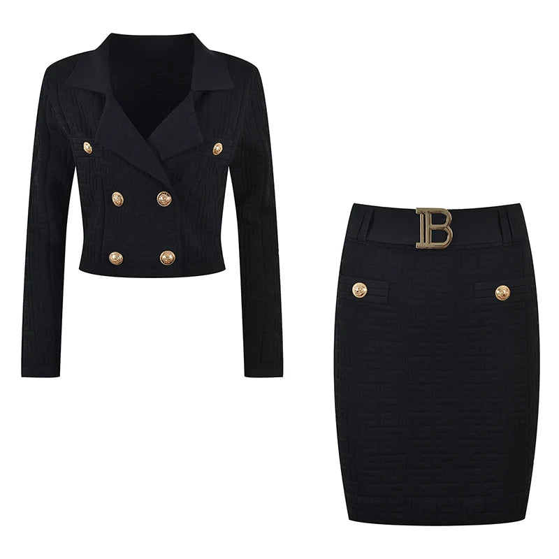 Jacquard gebreide pakkraag top halve rok tweedelige mode rok set