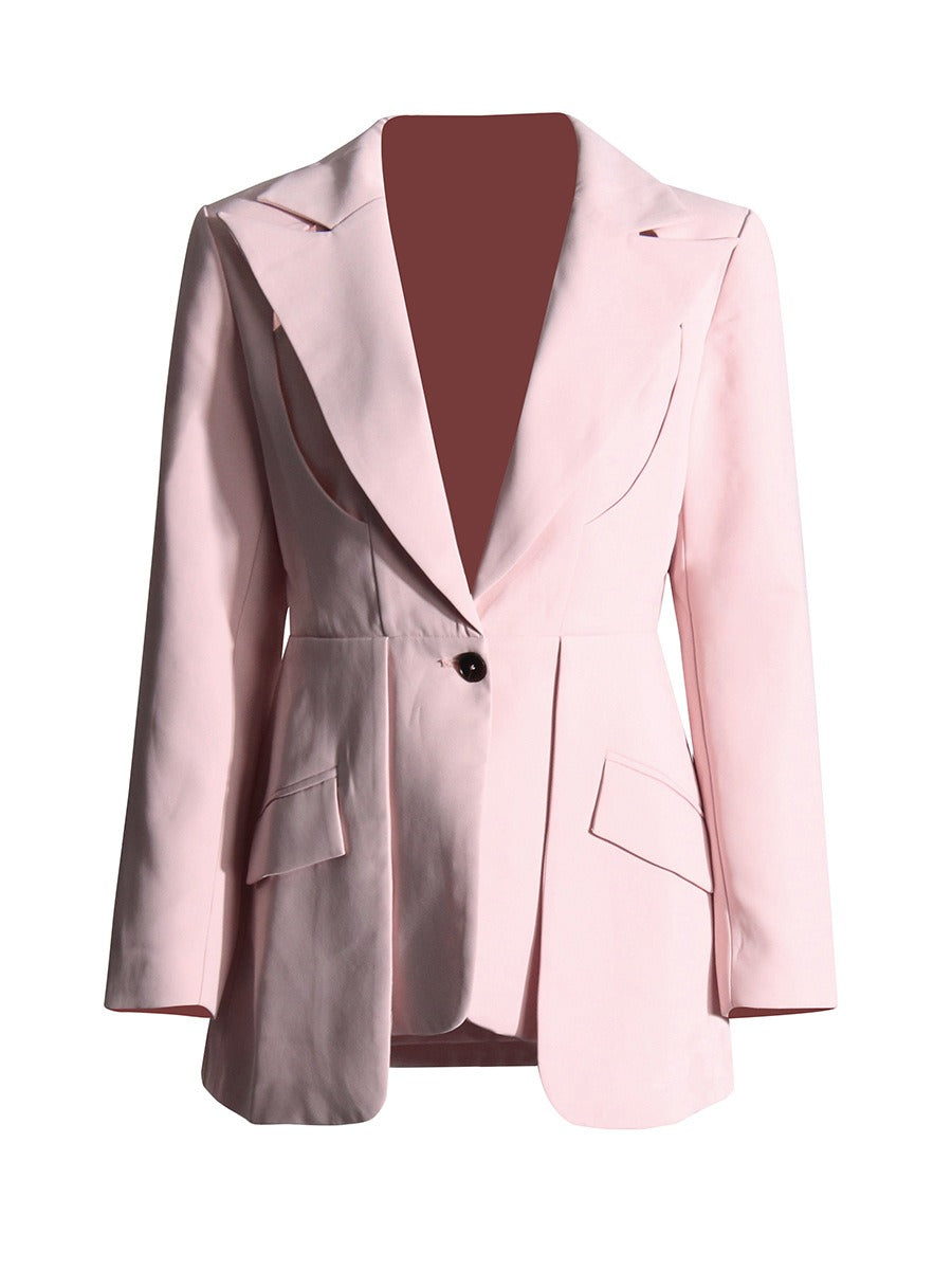Design solid color suit with hollow out irregular suit jacket for women