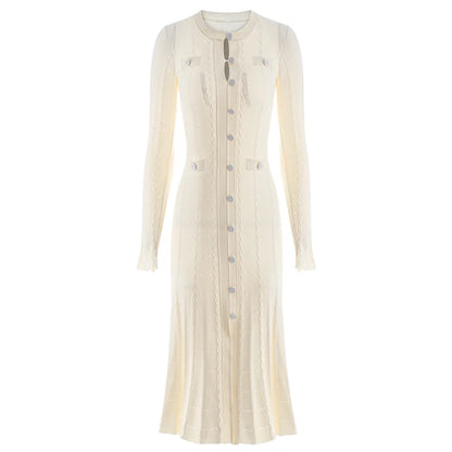 Early Fall Luxury Brief Gentle Beige Color Midi Knitting Dress Quality Buttons Strongly Elastic for Women