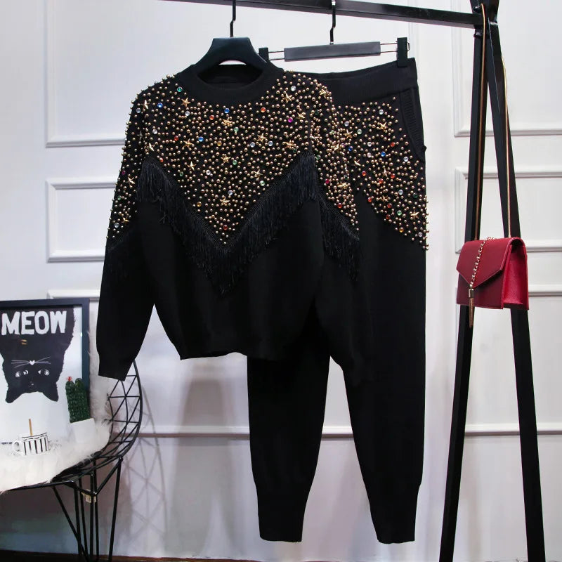 Luxury Rhinestones Knit T-Shirts Pearls Beaded Sweater Pullovers Fringed Knitwear Tees Jumpers Tops + Wide Legs Pants 2pcs Set