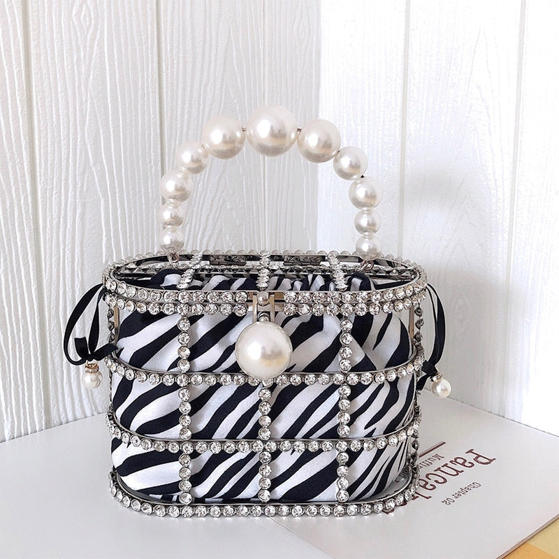 Leopard Zebra Pattern Diamonds Basket Evening Clutch Bags Women Luxury Purses Preal Beaded Metallic Handbags Ladies Wedding Bag