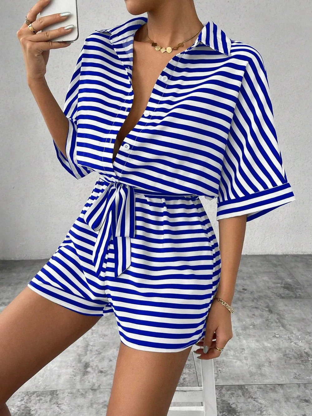 Tie Waist Half Button Striped Romper