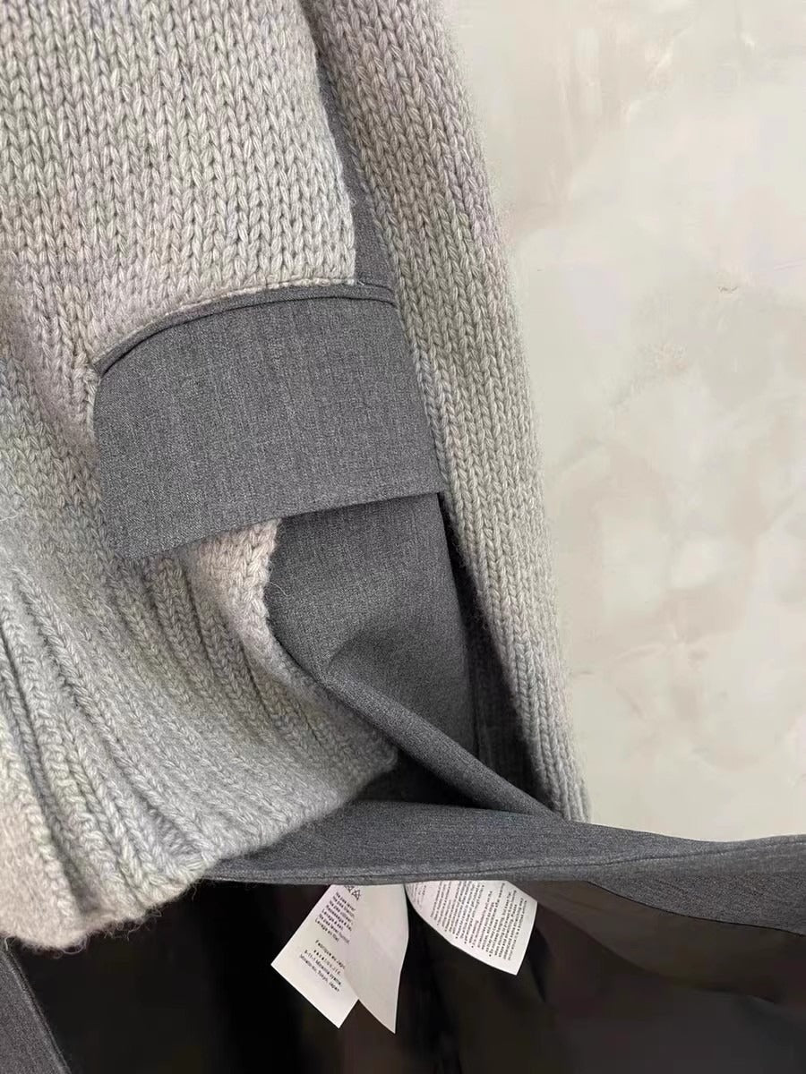 Knitted patchwork suit fake two piece V-neck cardigan long coat dress