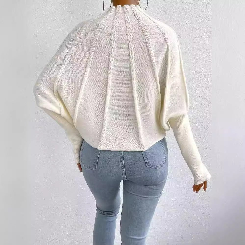 European and American semi high neck solid color versatile knitted pullover bat sleeve sweater for women