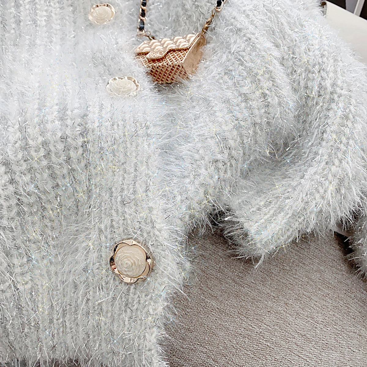 Silver Thread Knitted Sweater Coat Women V-neck Loose Fashion Chic Cardigan Jacket Long Sleeve Oversized Thicken Jumpers Tops