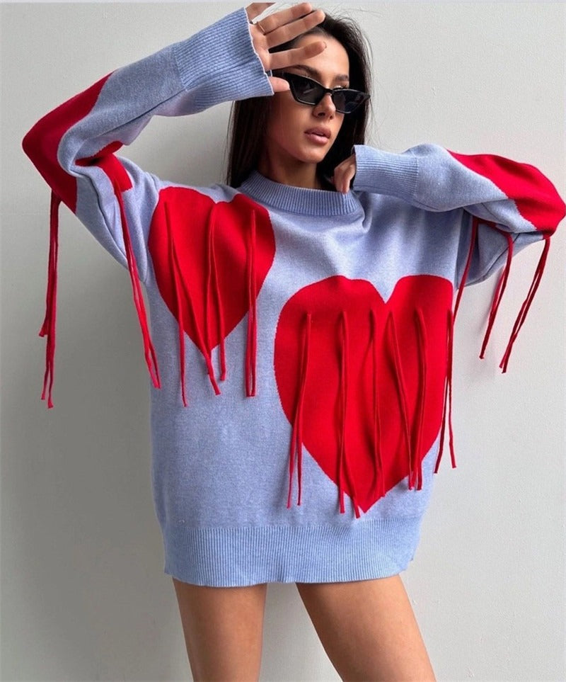 Love tassel autumn and winter sweater women's new round neck fashionable pullover top knitted sweater