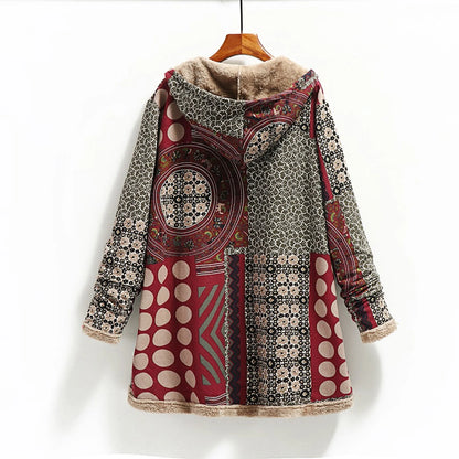Fall Winter Fleece Jacket for Women Cotton and Linen Vintage Ethnic Printed Long Sleeve Hooded Pocket plus Velvet Casual Buttons Warm Outwear Coat #A01-Wine XXXL