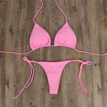 2pcs Halterneck Lace-up Bikini Women Summer Solid Color Sexy Split Strap Adjustable Swimsuit Suit - CHRISTDEST GLOBAL SERVICE