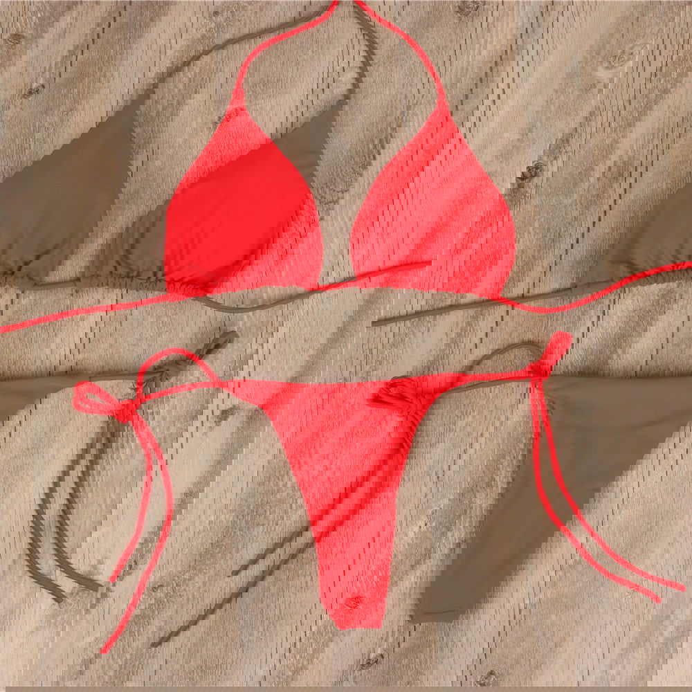 2pcs Halterneck Lace-up Bikini Women Summer Solid Color Sexy Split Strap Adjustable Swimsuit Suit - CHRISTDEST GLOBAL SERVICE