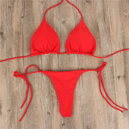 2pcs Halterneck Lace-up Bikini Women Summer Solid Color Sexy Split Strap Adjustable Swimsuit Suit - CHRISTDEST GLOBAL SERVICE